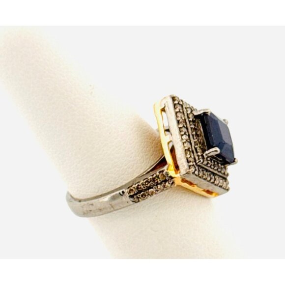 Estate Two-Tone Sterling Silver Blue Gemstone CZ Halo Statement Ring 6.5 925 - Picture 2 of 10